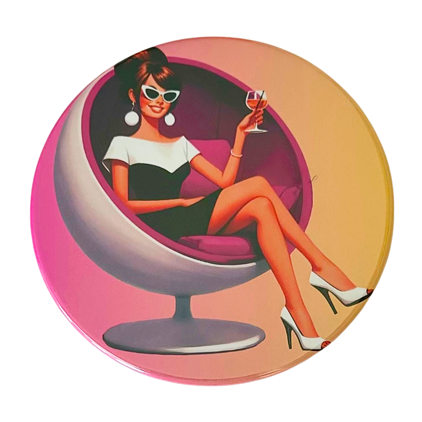 Mid-century pin-up woman in cat-eye sunglasses sitting in a sleek ball chair holding a wine glass, warm pink-to-gold sunset gradient background, retro cocktail hour coaster