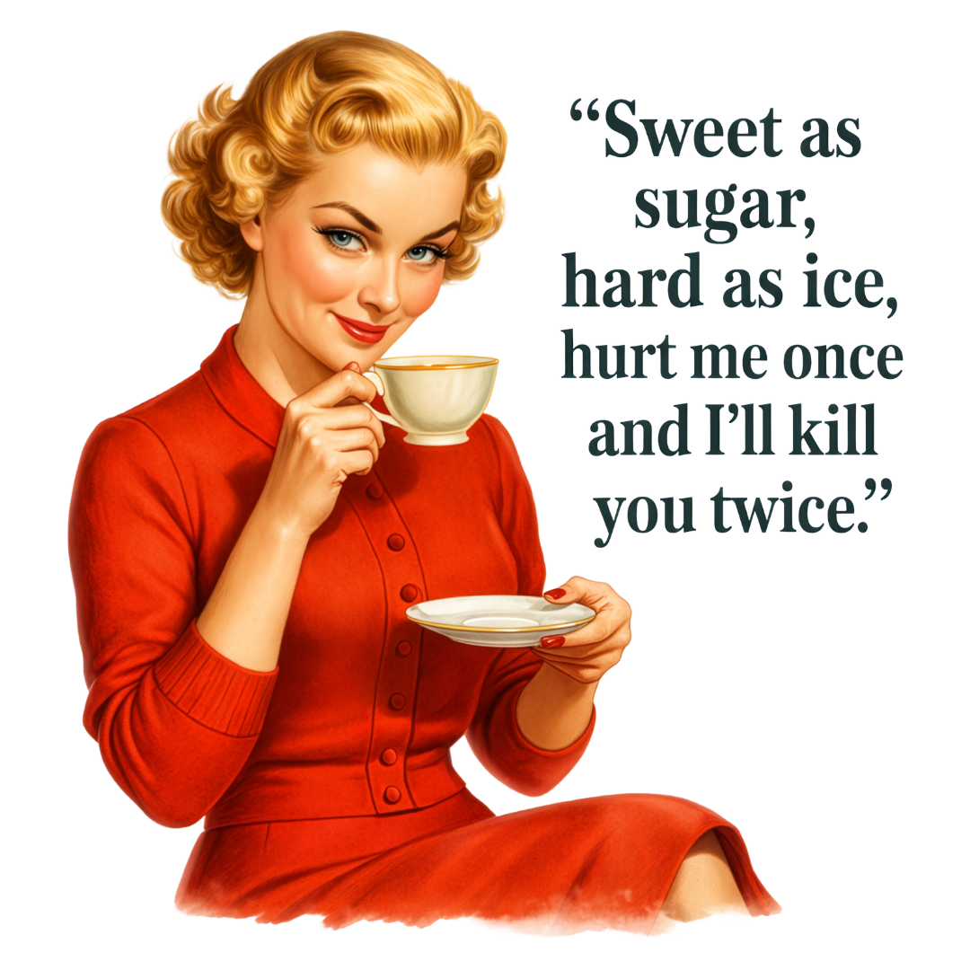 Sassy Housewives fridge magnet – Sweet as Sugar, Hard as Ice, Hurt Me Once and I'll Kill You Twice
