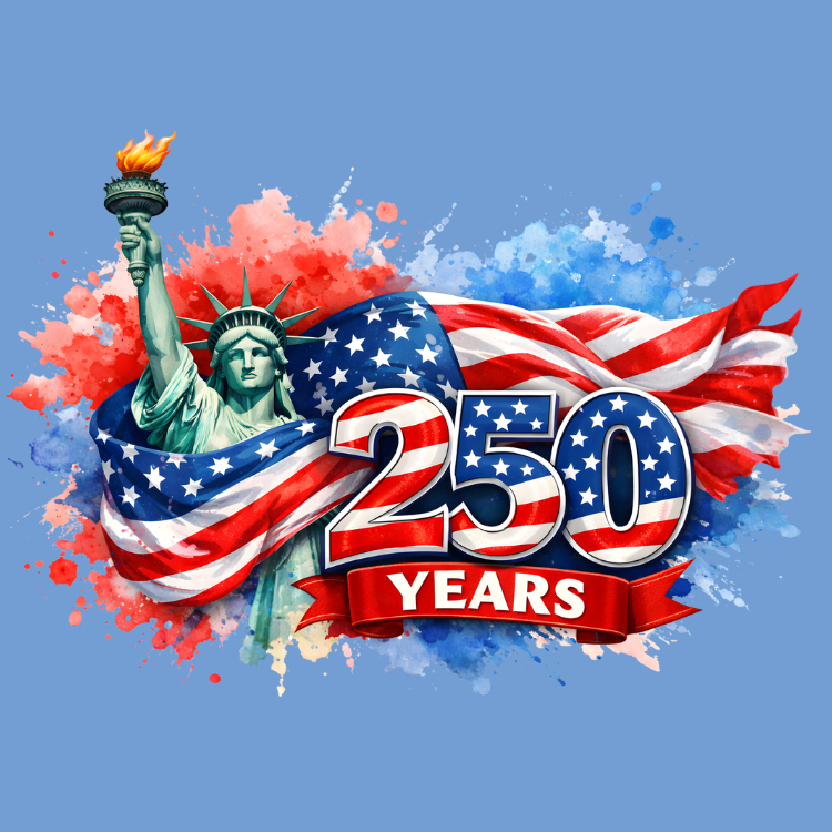 Patriotic 250 years America magnet with Statue of Liberty and American flag artwork.