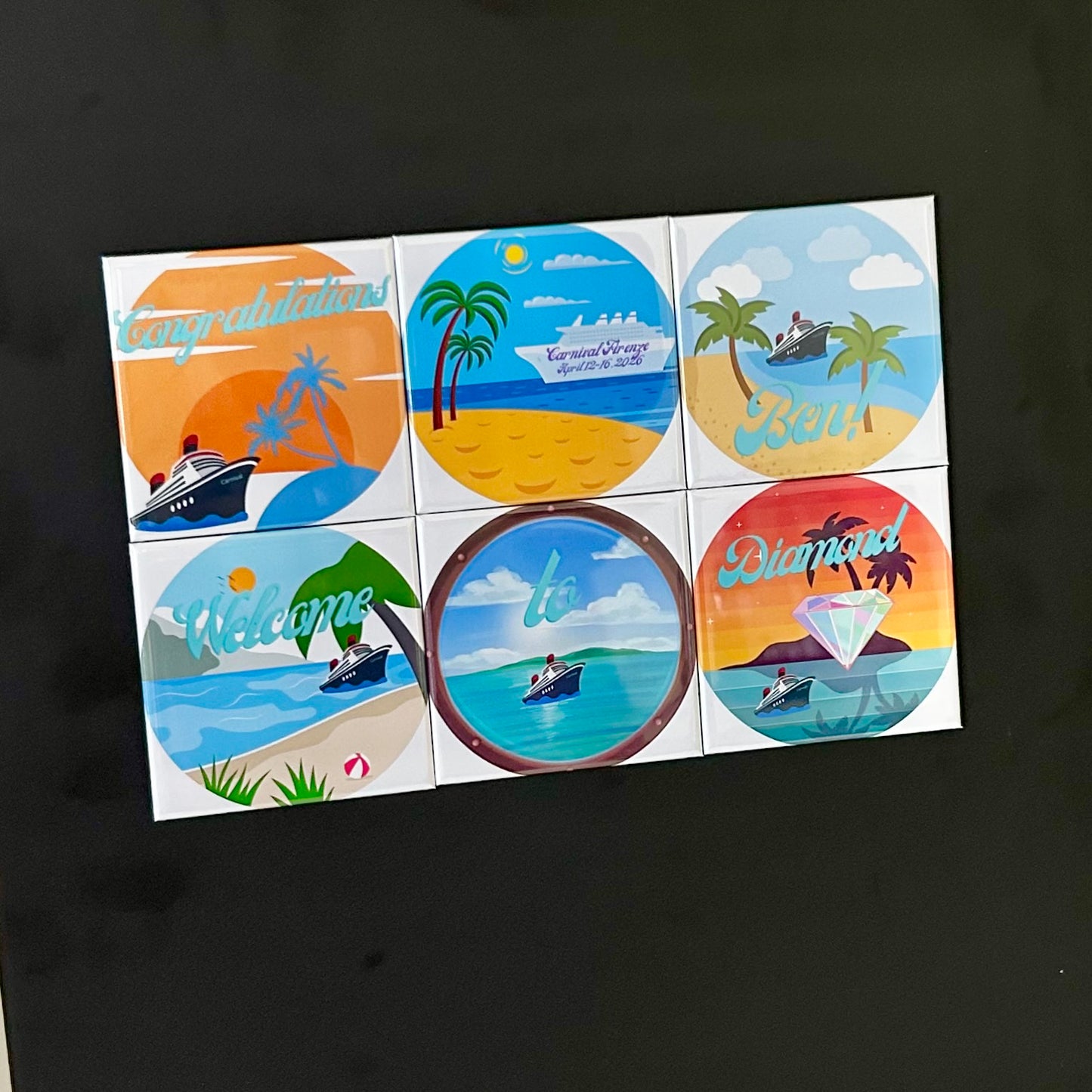 Set of colorful travel-themed magnets from a cruise on a black background
