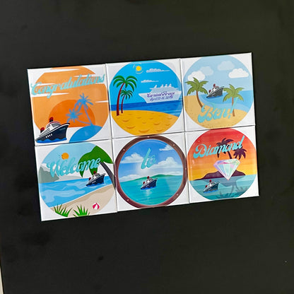 Set of colorful travel-themed magnets from a cruise on a black background