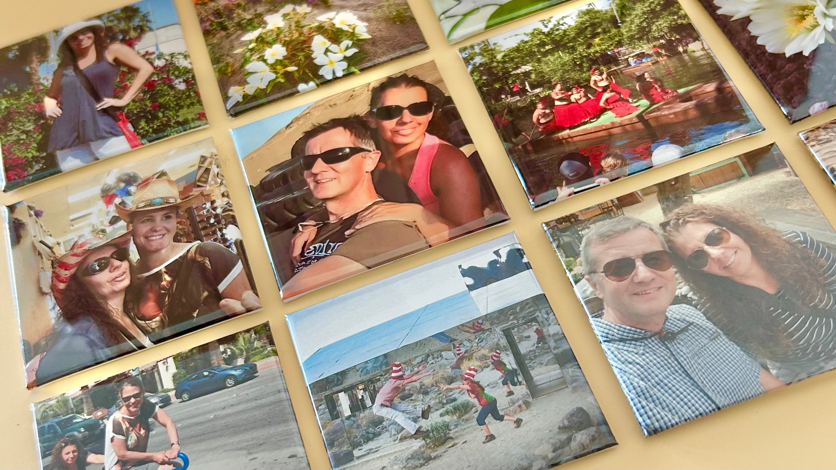 Collage of various photos magnets featuring people in different settings