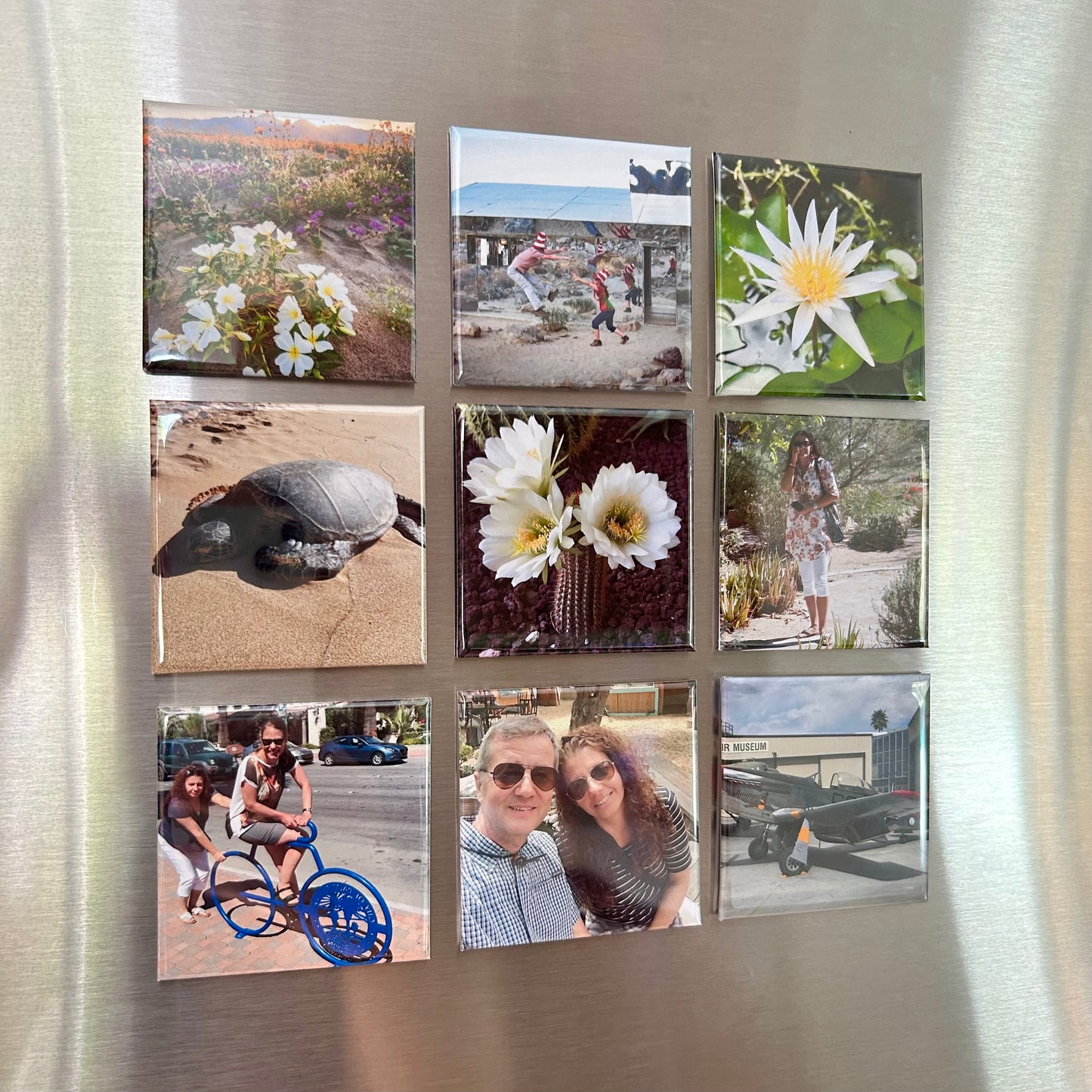 Grid of various photos including nature, people, and landscapes on a metallic surface.