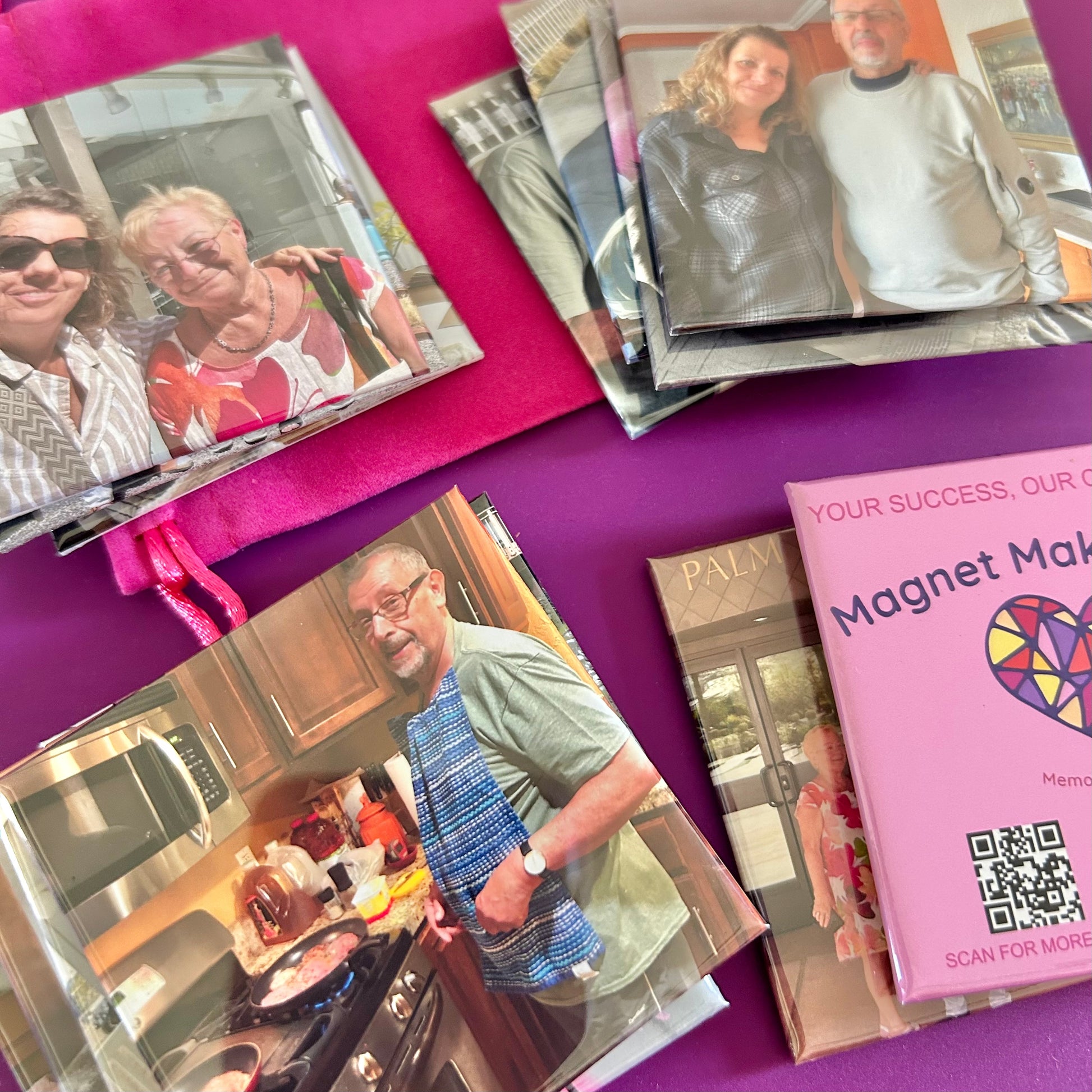 Collection of photo fridge magnets with family photos 