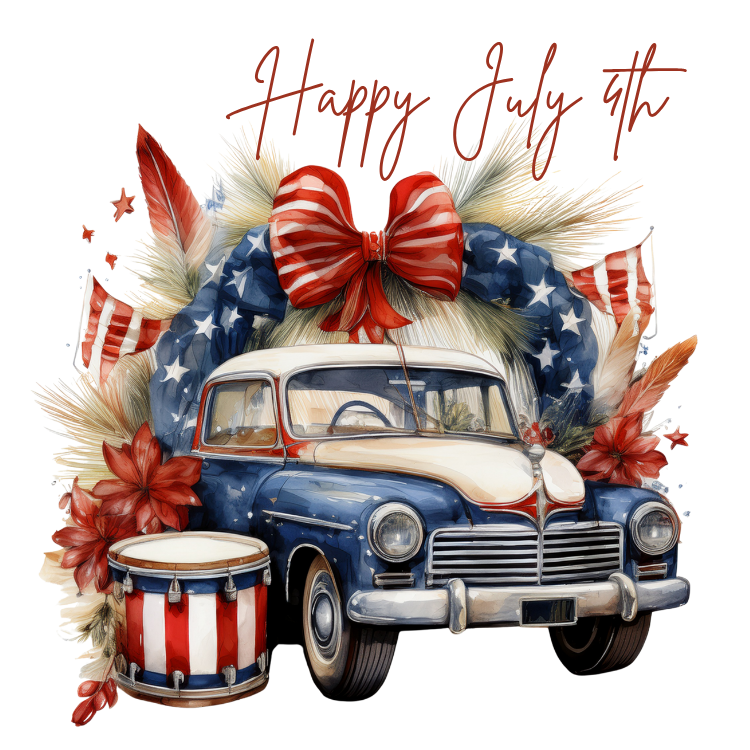 Vintage patriotic truck magnet with American flags and red white blue décor.