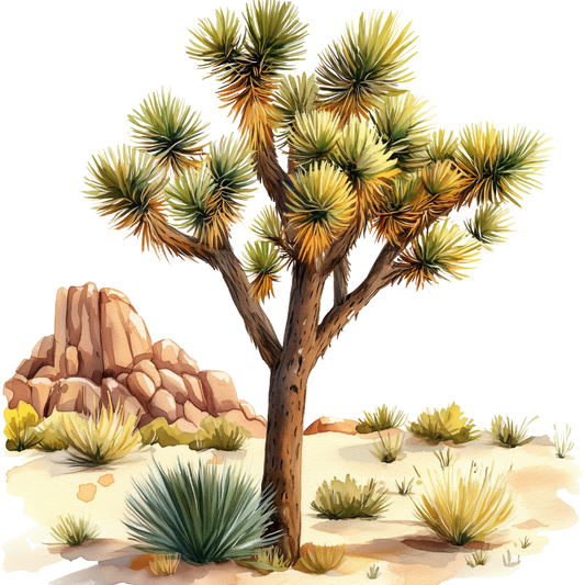 Watercolor-style Joshua Tree magnet featuring desert plants, sandy landscape, and rock formations inspired by Joshua Tree National Park.