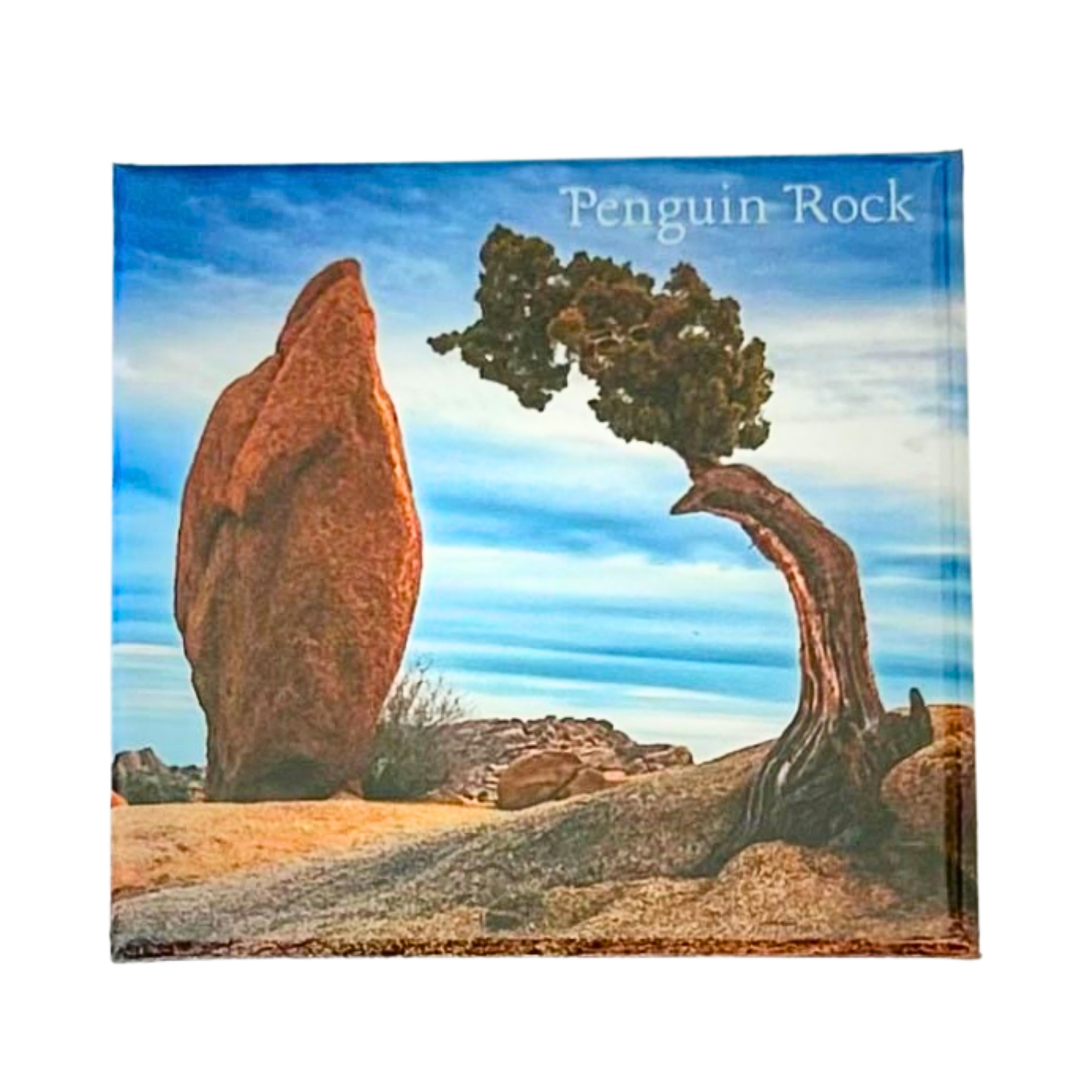 Penguin Rock Joshua Tree magnet with tall boulder and windswept desert tree under cloudy sky