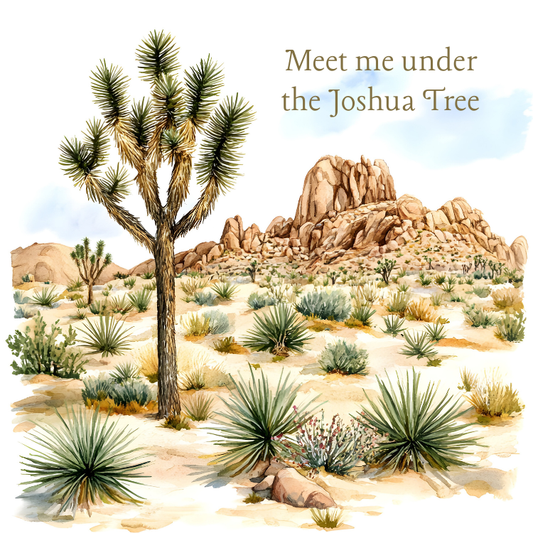 Watercolor-style Joshua Tree desert magnet featuring desert plants, rock formations, and “Meet me under the Joshua Tree” text inspired by Joshua Tree National Park.