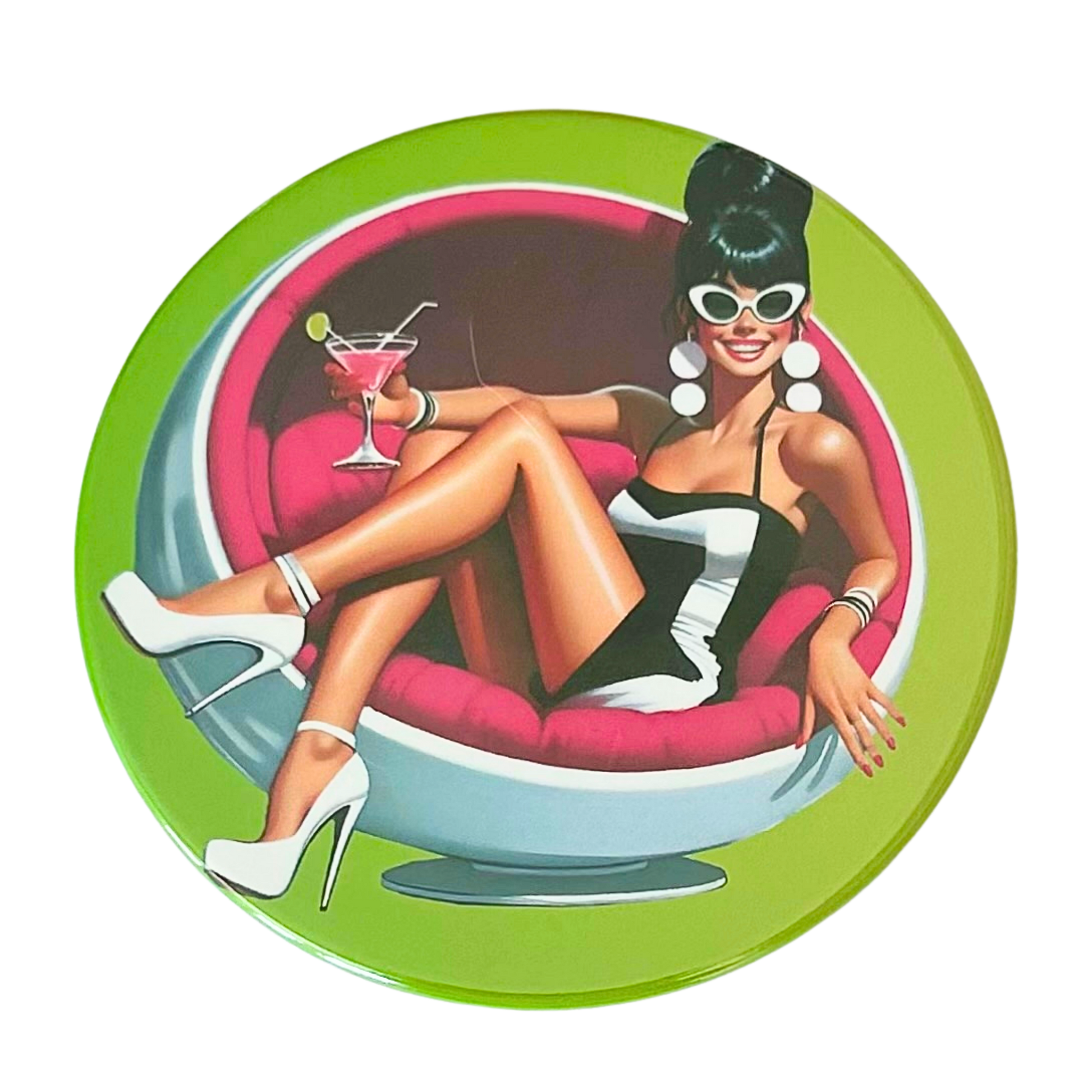 Mid-century pin-up woman in cat-eye sunglasses lounging in a hot-pink ball chair holding a pink martini, bold lime green background, retro cocktail hour coaster