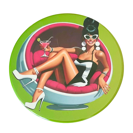 Mid-century pin-up woman in cat-eye sunglasses lounging in a hot-pink ball chair holding a pink martini, bold lime green background, retro cocktail hour coaster