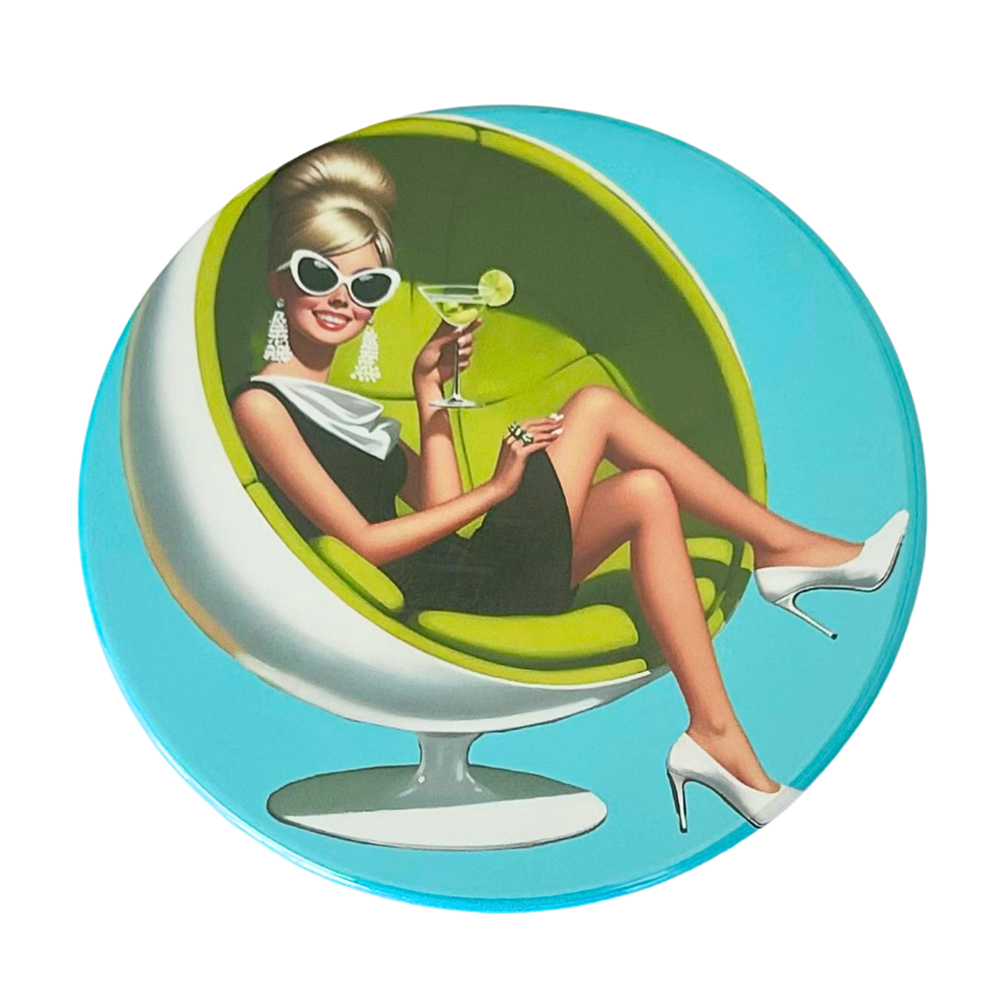 Mid-century pin-up blonde woman in cat-eye sunglasses with tassel earrings sitting in a lime green ball chair holding a lime martini, crisp aqua blue background, retro cocktail hour coaster