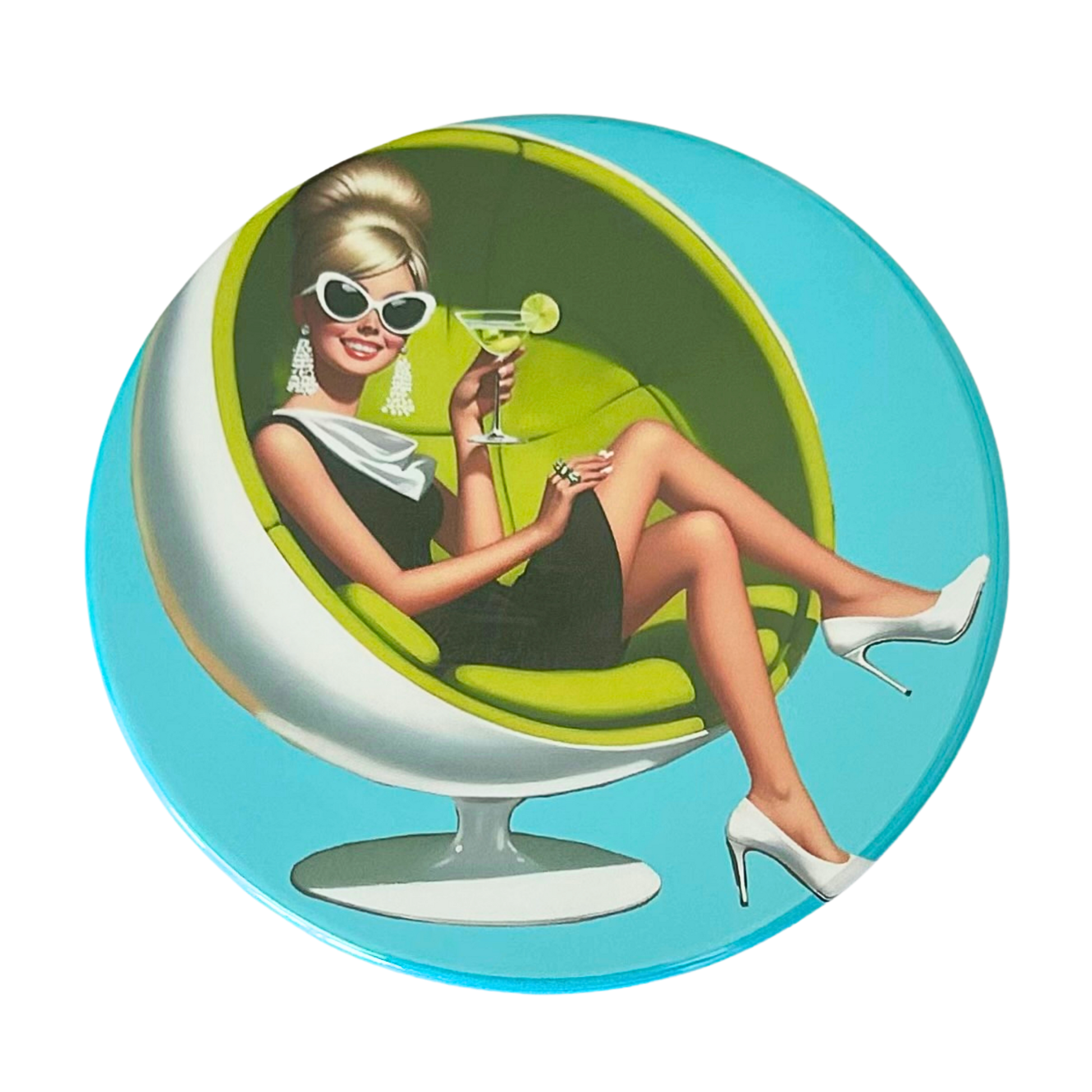 Mid-century pin-up blonde woman in cat-eye sunglasses with tassel earrings sitting in a lime green ball chair holding a lime martini, crisp aqua blue background, retro cocktail hour coaster