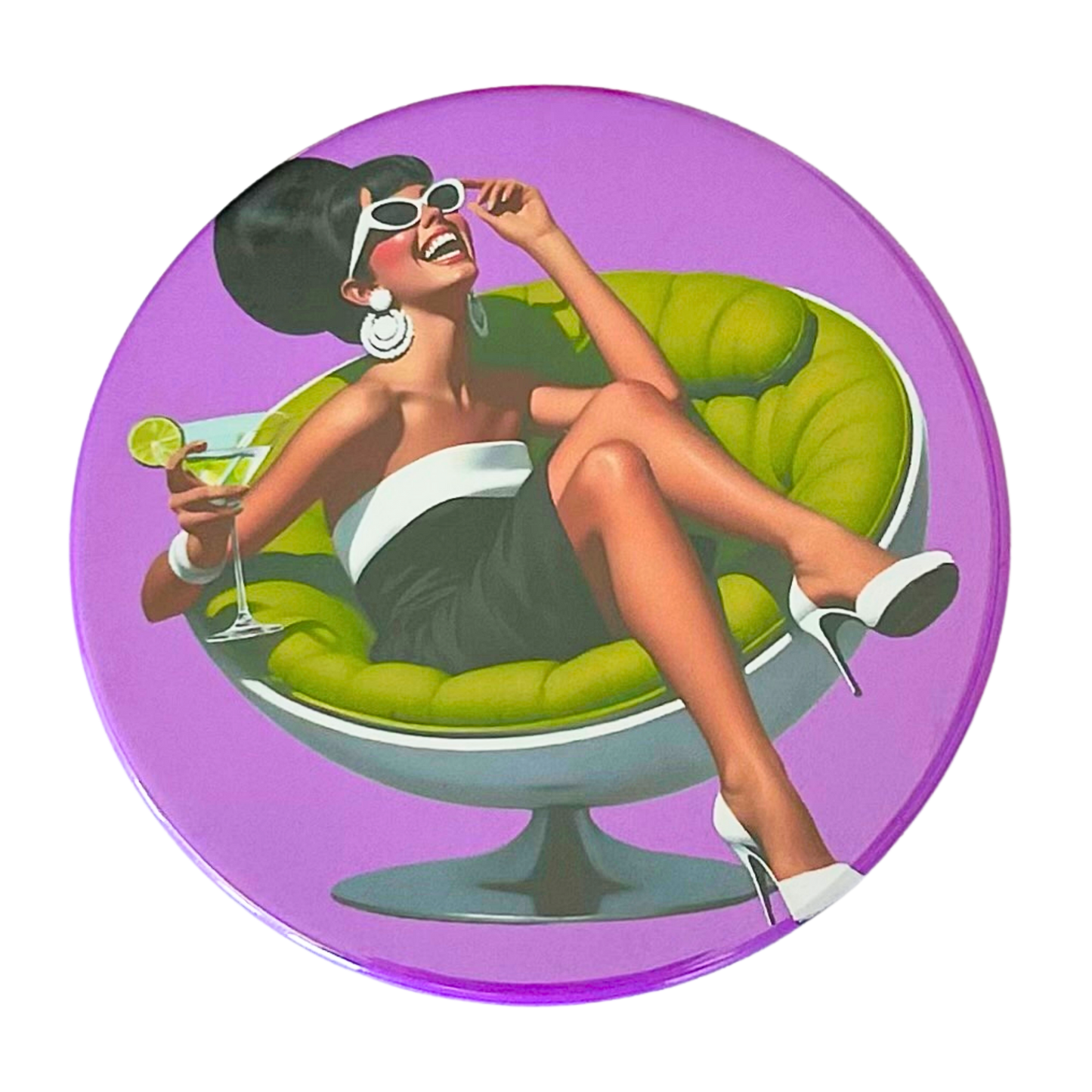 Mid-century pin-up woman in cat-eye sunglasses laughing with head thrown back in a green ball chair holding a martini, bold purple background, retro cocktail hour coaster