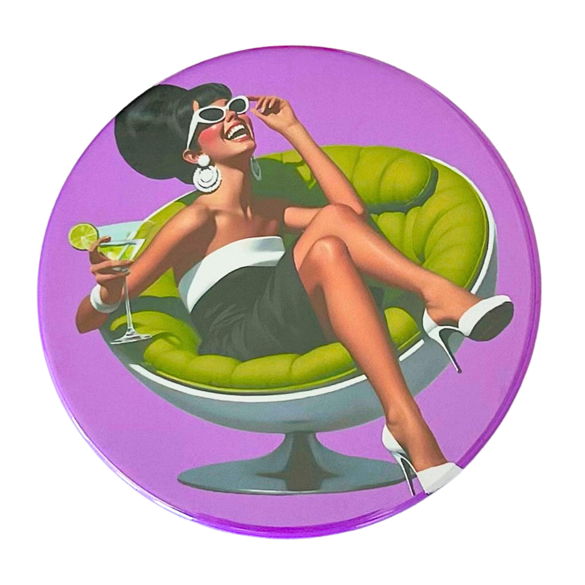 Mid-century pin-up woman in cat-eye sunglasses laughing with head thrown back in a green ball chair holding a martini, bold purple background, retro cocktail hour coaster