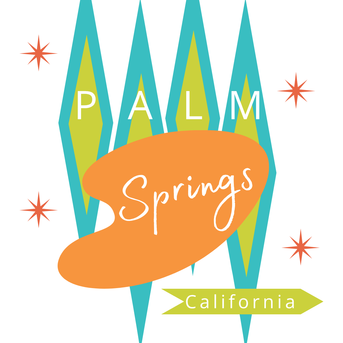 Roadside Trip magnet with Palm Springs California lettering, turquoise and lime diamonds, an orange abstract shape, and orange starbursts on white.