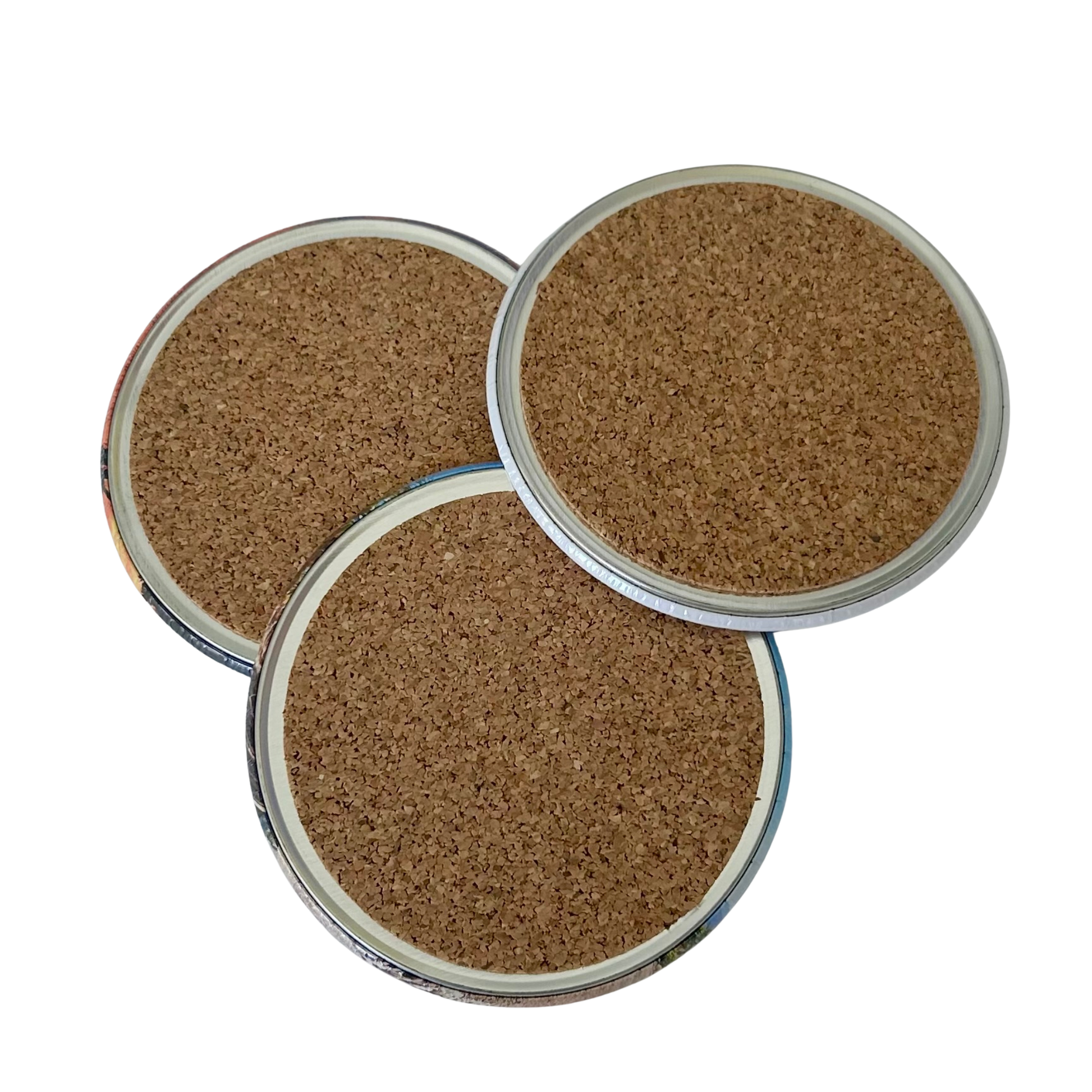 Three coasters showing the back side of the coaster.