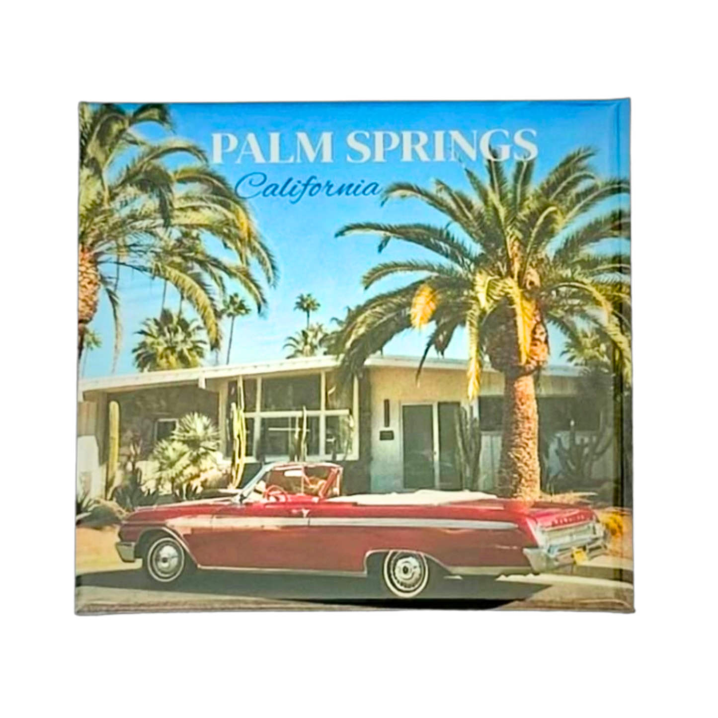 Palm Springs retro convertible car magnet with palm trees and mid-century California desert landscape