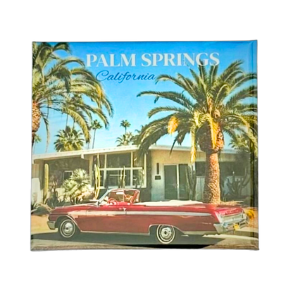 Palm Springs retro convertible car magnet with palm trees and mid-century California desert landscape