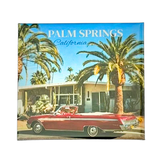 Palm Springs retro convertible car magnet with palm trees and mid-century California desert landscape
