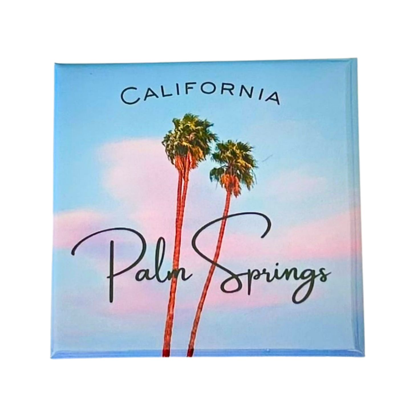 alm Springs palm tree magnet with pastel sky and minimalist California desert illustration