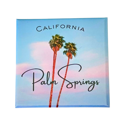 alm Springs palm tree magnet with pastel sky and minimalist California desert illustration