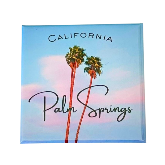 alm Springs palm tree magnet with pastel sky and minimalist California desert illustration
