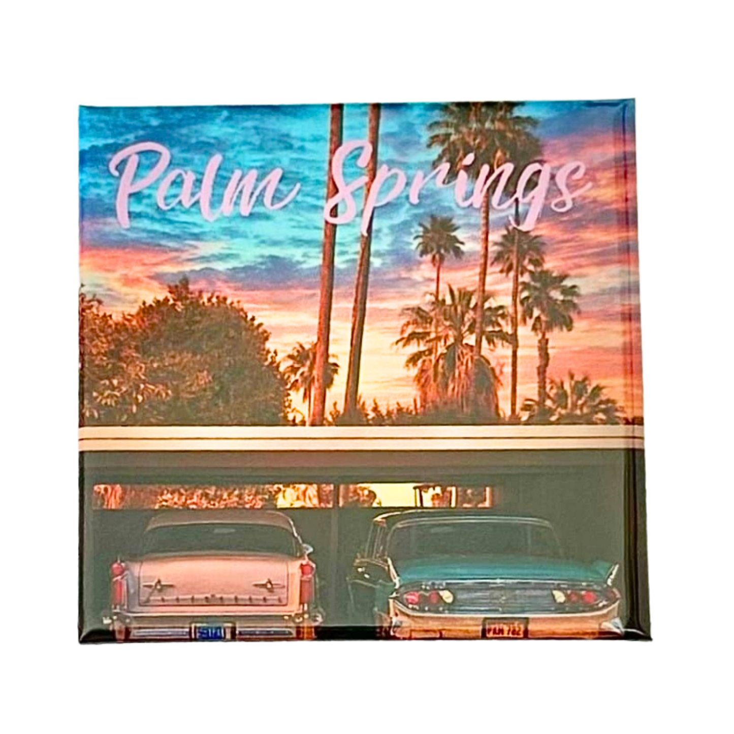 Pink Cadillac fridge magnet with retro Palm Springs California desert design