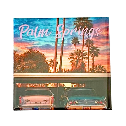 Pink Cadillac fridge magnet with retro Palm Springs California desert design
