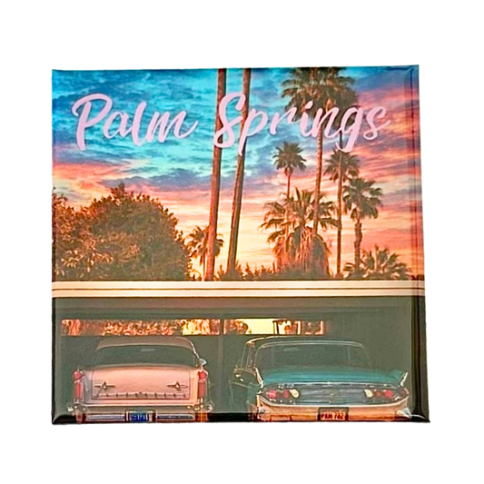 Pink Cadillac fridge magnet with retro Palm Springs California desert design