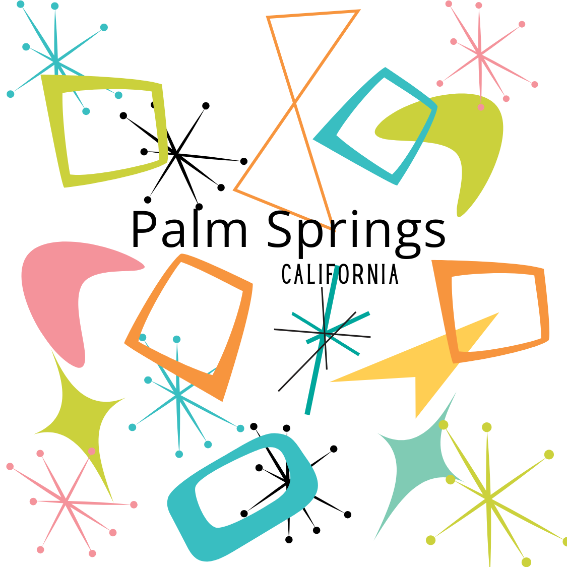 Mid-Century Daydream magnet with Palm Springs California lettering surrounded by colorful atomic starbursts, boomerangs, and geometric shapes on white.
