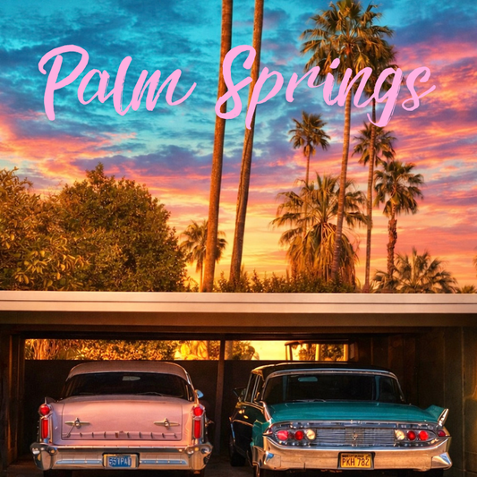 Palm Springs sunset magnet with vintage cars and colorful desert sky
