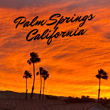 Palm Springs sunset magnet featuring orange desert sky and palm tree silhouettes in California