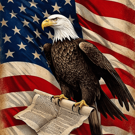 Patriotic bald eagle magnet with American flag background.