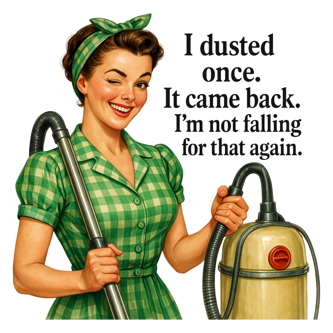 Sassy Housewives fridge magnet – I Dusted Once. It Came Back. I'm Not Falling for That Again.