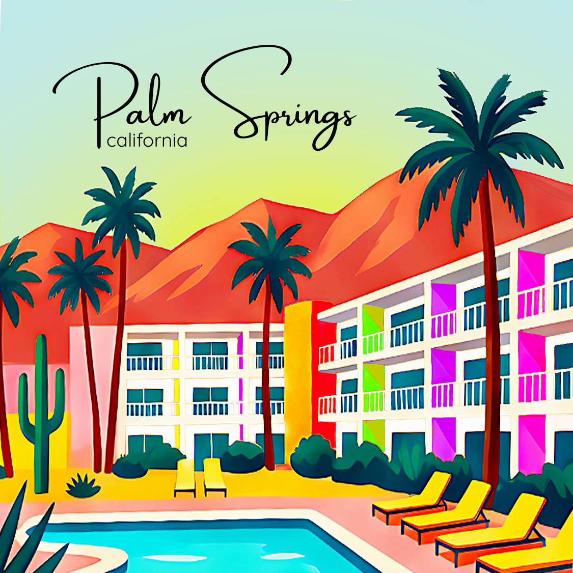 Rainbow Hotel magnet with colorful balconies, yellow loungers, a turquoise pool, palm trees, orange mountains, and Palm Springs California lettering.